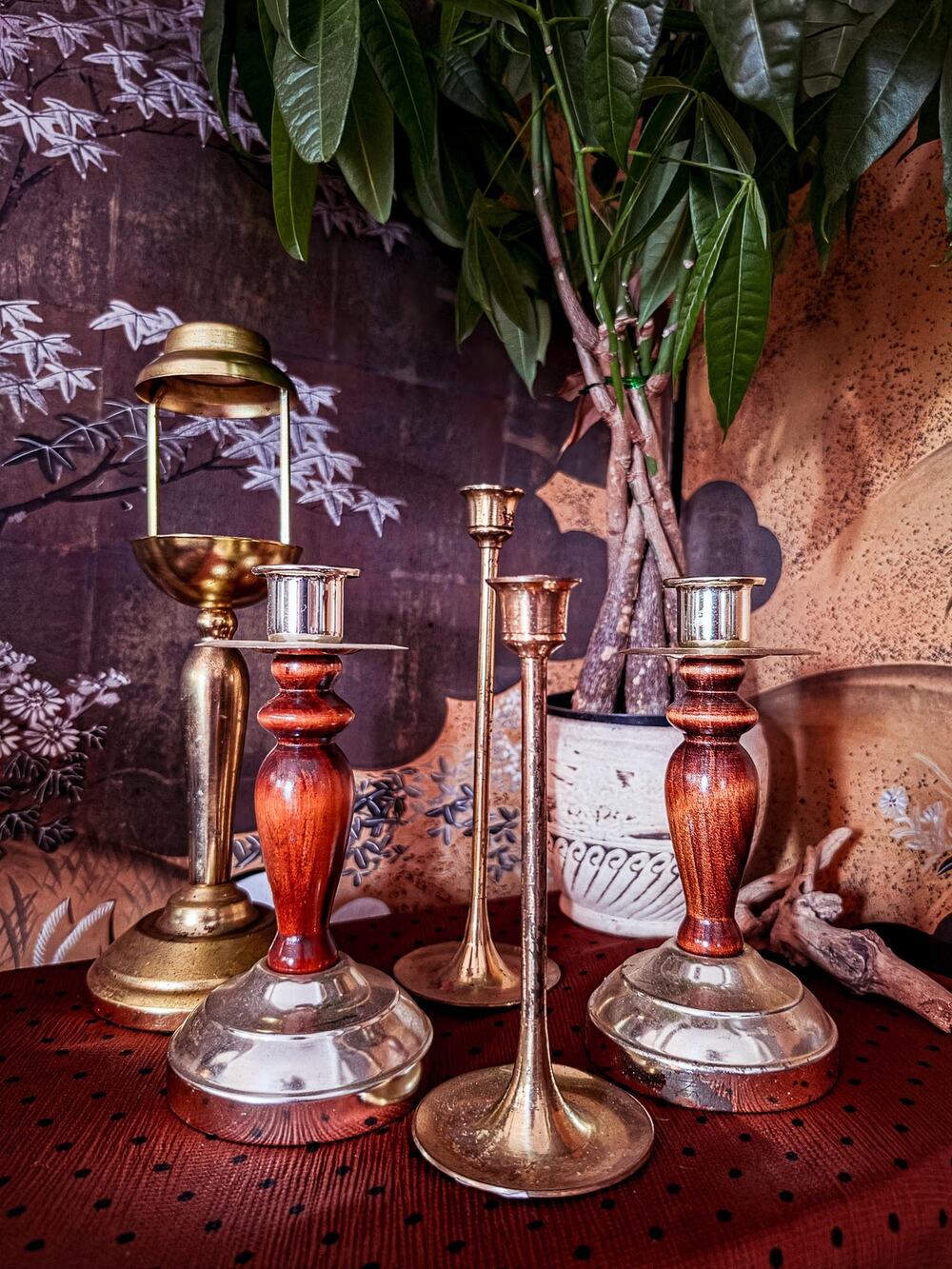 Vintage Mixed Metal Brass and Wood Candlestick Set | MCM Mantel Decor